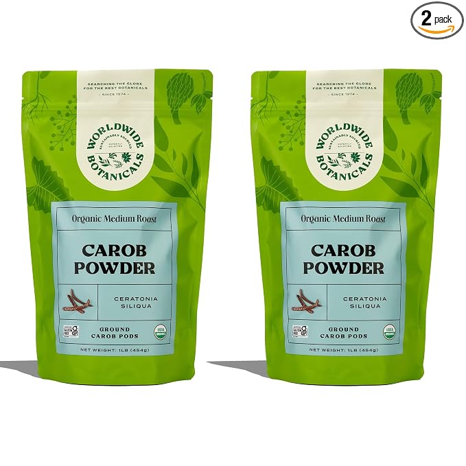 Worldwide Botanicals Organic Carob Powder, Medium Roast – 1 lb – Caffeine Free Cocoa Alternative – Low Fat Super Food with Natural Sweetness– Gluten Free, Kosher, 16 ounces, Pack of 2