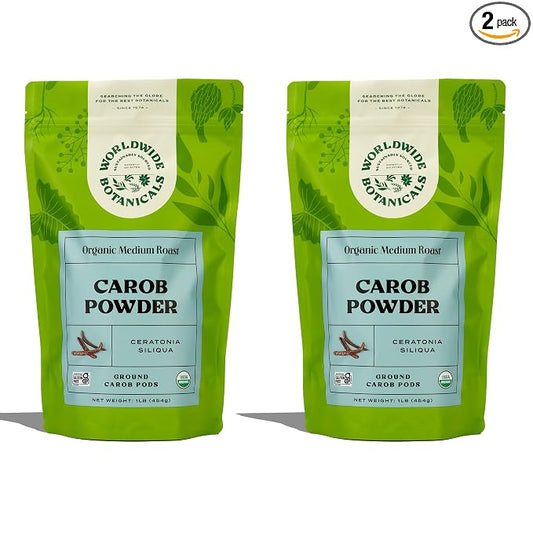 Worldwide Botanicals Organic Carob Powder, Medium Roast – 1 lb – Caffeine Free Cocoa Alternative – Low Fat Super Food with Natural Sweetness– Gluten Free, Kosher, 16 ounces, Pack of 2