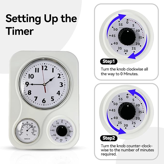 Lily's Home - 9 Inch x 12.5 Inch - Retro Kitchen Wall Clock, Vintage Wall Clock with a Thermometer and 60-Minute Timer, Ideal for Any Kitchen, Office, or Diner (White)