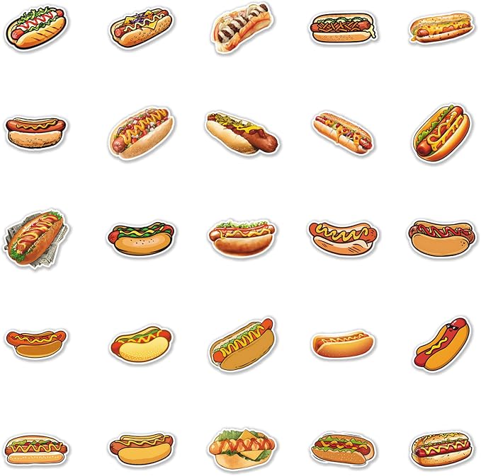 100Pcs Hot Dog Food Waterproof Stickers for Water Bottle Scrapbook Laptop,Skateboard,Party Favors Self Adhesive Stickers