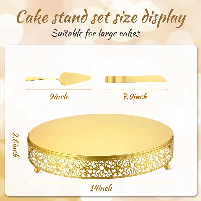 Wenqik 14 Inch Gold Cake Stand Set Metal Round Cupcake Dessert Stand with Cake Cutting, Spatula Wedding Cupcake Pastry Display Candy Holder Display for Wedding Party Birthday Baby Shower(Classic)