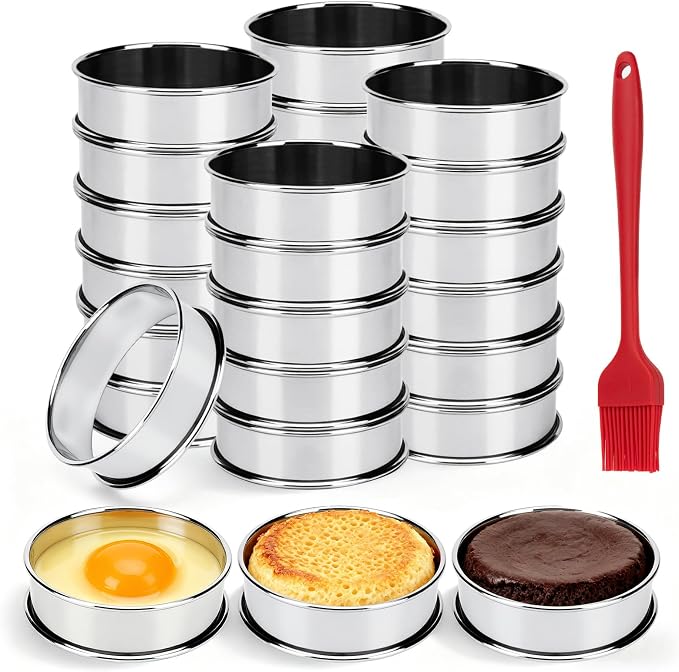 24 Packs Cookie Rings for Baking, 3 Inch English Muffin Ring, Round Metal Pastry Molds, Double Rolled Stainless Steel Tart Maker with Silicone Brush, Cooking Pancake Tools