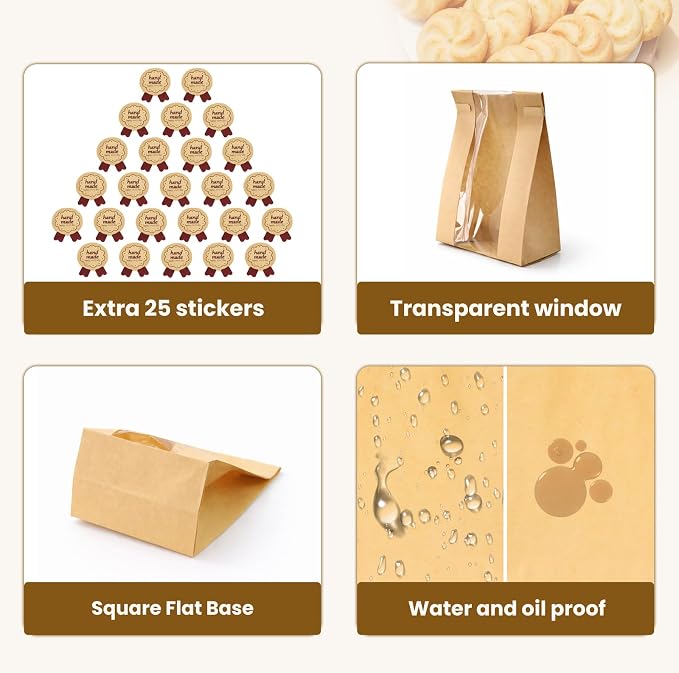 WIKDAY Bakery Bags with Window 100PCS Paper Cookie Bags Tin Tie Tab Lock Small Pastry Bags for Baked Goods Gift Giving Snack Treat Desert Packaging Storage Includes Label Seal Stickers 3.5x2.3x7.5in