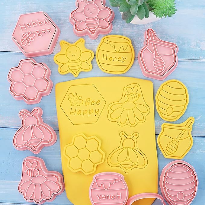 Bee Cookie Cutters with Cookie Stamps 8 Pcs Honeycomb Fondant Cheese Baking Molds for Honey Bees Party Decoration (Honeycomb)