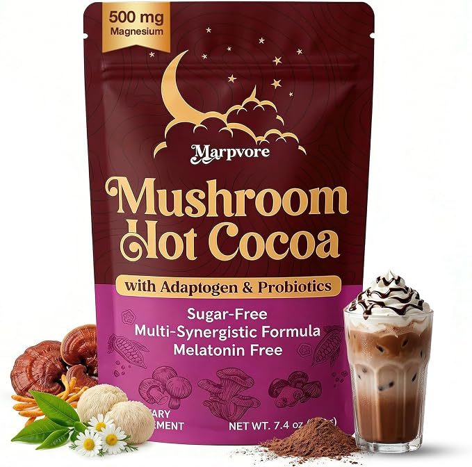 Mushroom Hot Cocoa Powder with Magnesium Glycinate, L-Theanine, Probiotics, Ashwagandha, Reishi, Cacao Powder Organic Hot Chocolate Supplement for Sleep, Relax, Digestion, No Melatonin, Vegan, 7.4oz