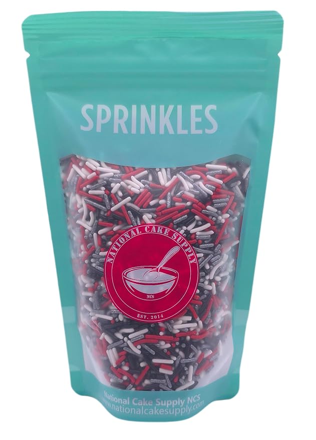 NCS Atlanta Football Black, Red, White & Silver Jimmies Edible Sprinkles – Cupcake, Cake & Cookie Decorations, 7 oz