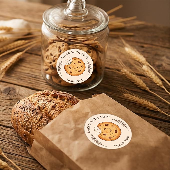 Louise Maelys 120 Pcs Baked with Love Stickers- 1.5 Inch Round Thank You Sticker with Cookie Pattern Labels for Bakery Packaging, Homemade Treats, Gift, Small Business Packaging or Party Favors