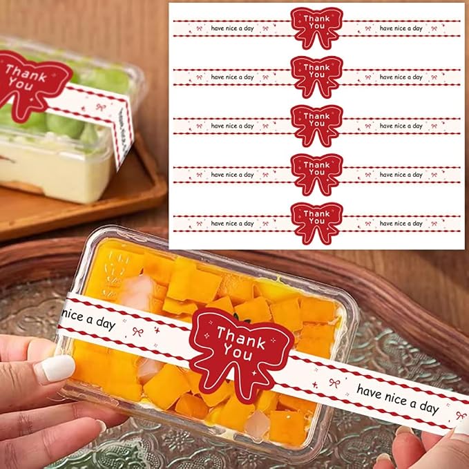 7.9” x 0.6” Long Thank You Stickers 150 Pcs Cute Large Red Bow Have A Nice Day Self-Adhesive Sealing Baking Labels Handmade Food Tamper-Proof Bakery Sticker for Baked Goods Small Busines Packaging