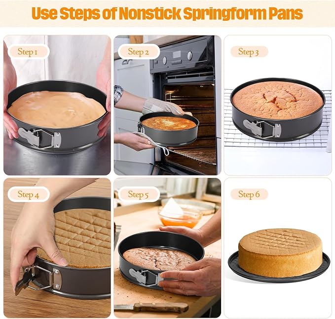 Springform Cake Pan Set of 3 (7, 8, 9 Inch) Heart Round Square Leakproof Nonstick Cheesecake Pans with Removable Bottom Carbon Steel Bakeware