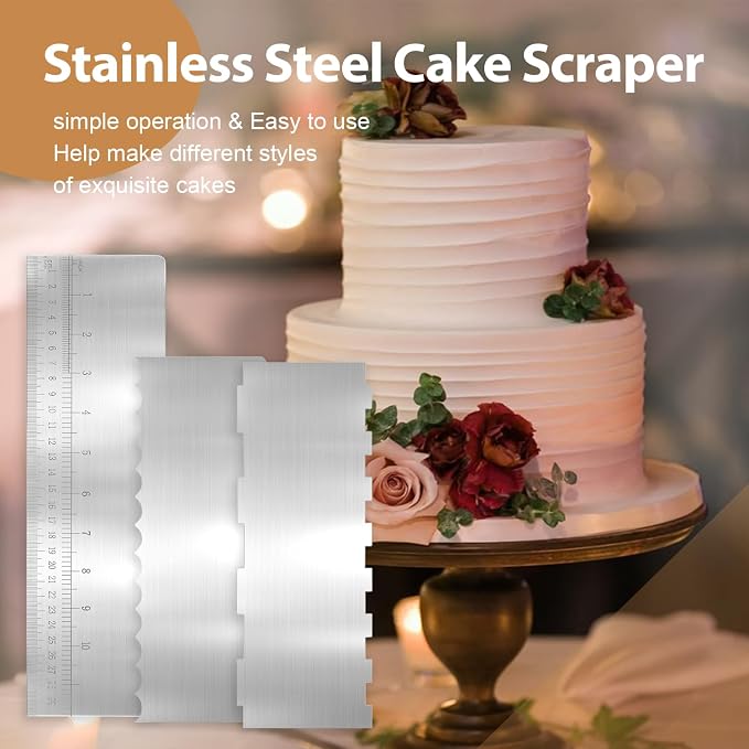 Stainless steel cake spatula, 3-piece set, includes 2 x 8.6-inch double-sided patterned spatulas and 1 x 12-inch stainless steel cake spatula with measurements — suitable for mousse cream frosting.