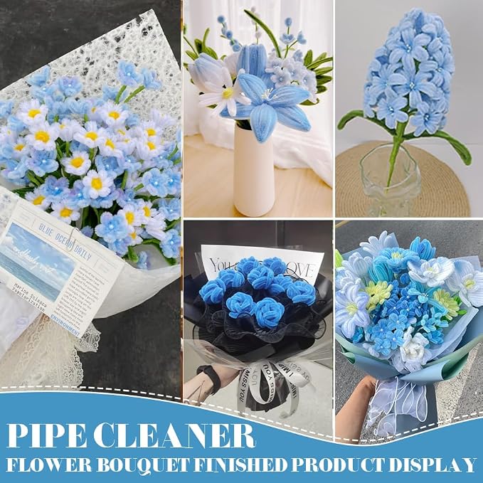 AHAMETON 620Pcs Blue Pipe Cleaner Flower Kit, 6 Colors Bulk Pipe Cleaners Craft Supplies with Wires, Stamens, Ribbon, Tapes, Card, DIY Flower Making for Gifts Home Decoration, Party School Crafts