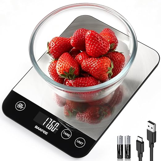 Food Scale, 33lb Rechargeable Kitchen Scale with Stainless Steel, Grams and Ounces, USB Charging, 1g High Accuracy for Baking, Cooking & Food Prep, Black, BK806