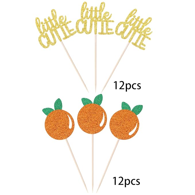 24 PCS Little Cutie Cupcake Toppers Glitter Orange Cupcake Picks for Citrus Theme Baby Shower Kids Birthday Party Cake Decorations Supplies