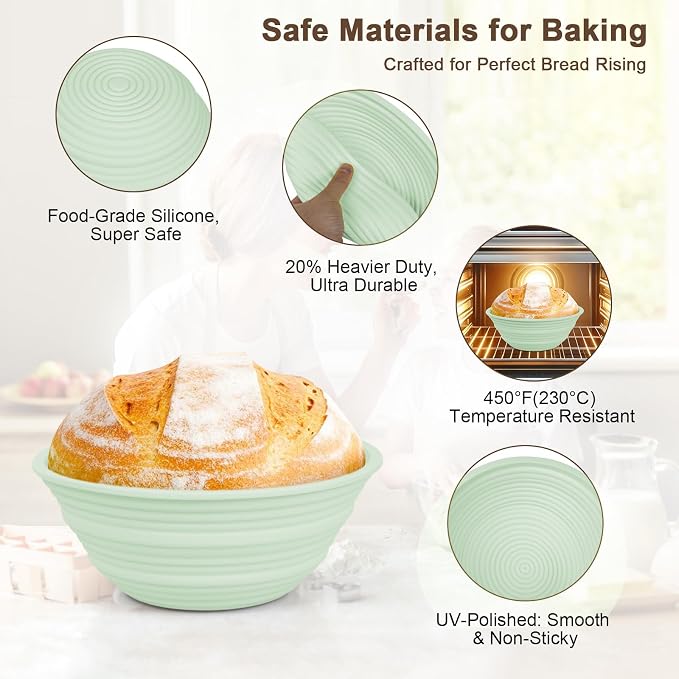 Upgraded & Thickened Silicone Banneton Bread Proofing Basket, JOCXSPI 10" Oval & 9" Round Sourdough Basket with Silicone Lid, Foldable, Non-Stick, BPA-Free, Easy-Clean