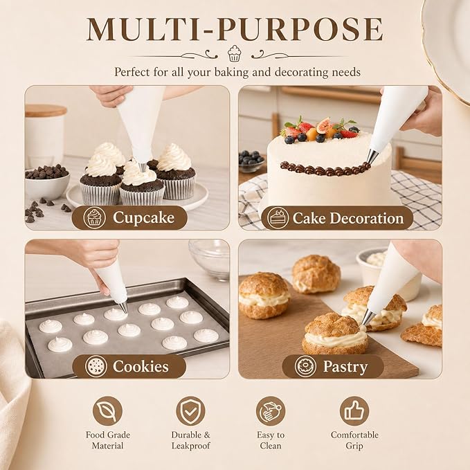 Reusable Piping Bags and Tips Set, 16inch Cotton Pastry Bags | Cotton Exterior, Eco-Friendly, For Cake Decorating, Cupcakes, Cookies, Durable Baking Kit