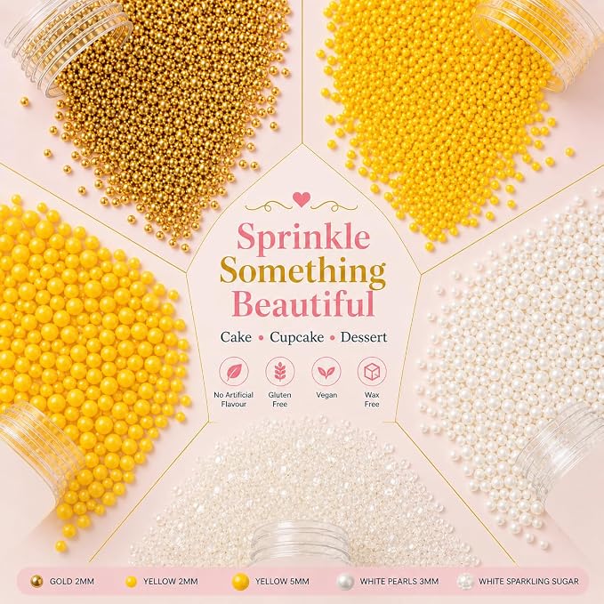 Confect Cake Decorating Sprinkles | Edible Pearl Mix Gold Yellow & White Dragees | White Sparkling Sugar | Edible Pina-Colada Disco Ball Mashup Sprinkles | Dairy-Free, Palm Oil-Free - 5 Oz