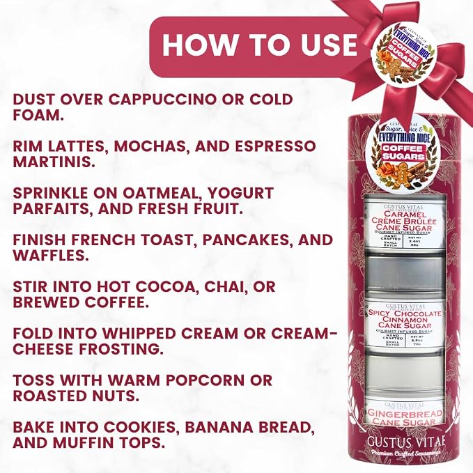 Coffee Sugars: Sugar, Spice & Everything Nice | Gift Packaged Set of 3 | All Natural, Non GMO Cane Sugars | Gourmet Coffee & Baking Sweeteners | Small Batch, Hand Made | Made in USA | No Artificial Ingredients, Authentic Infused | Artisanal Gift Pack |...