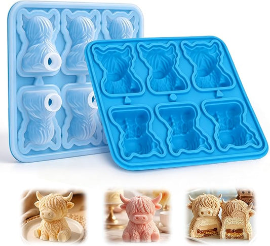 Palksky Highland Cow Silicone Mold, 6 Cavity 3D Cute Cow Chocolate Candy Mold, Food Grade Tray for Baking, Ice Cube, Jello