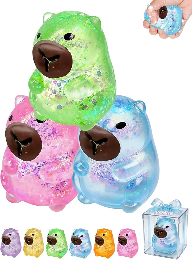 Capybara Squishy Glitter Animal Squeeze Balls Cute Capybara Stress Ball Anxiety Relief Slow Rise Adult Sensory Fidget Tool Gift Sparkling Desk Decor Collectibles Decompression Dough(3pcs Set2)