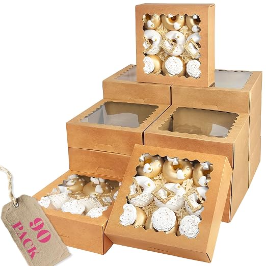 Bakepacker 90pcs Brown Pie Boxes 8x8x2.5 inches Easy Assemble Macaroon Cookie Boxes Bakery Boxes with Window for Bakery (Auto-pop Up)