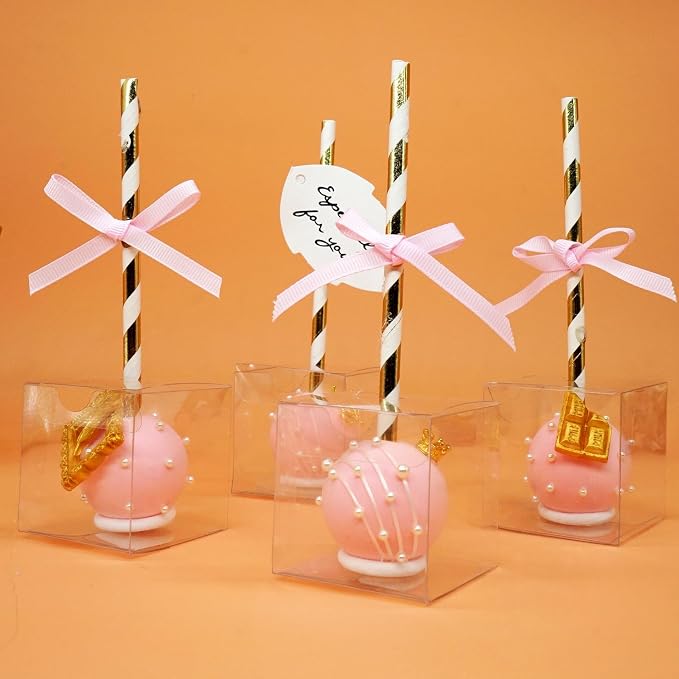 XINHPKGG 50pcs Clear Favor Boxes 2x2x2 Inch Clear Cake Pop Boxes with Hole Top Macaron Box Treat Box for Birthday Wedding Party