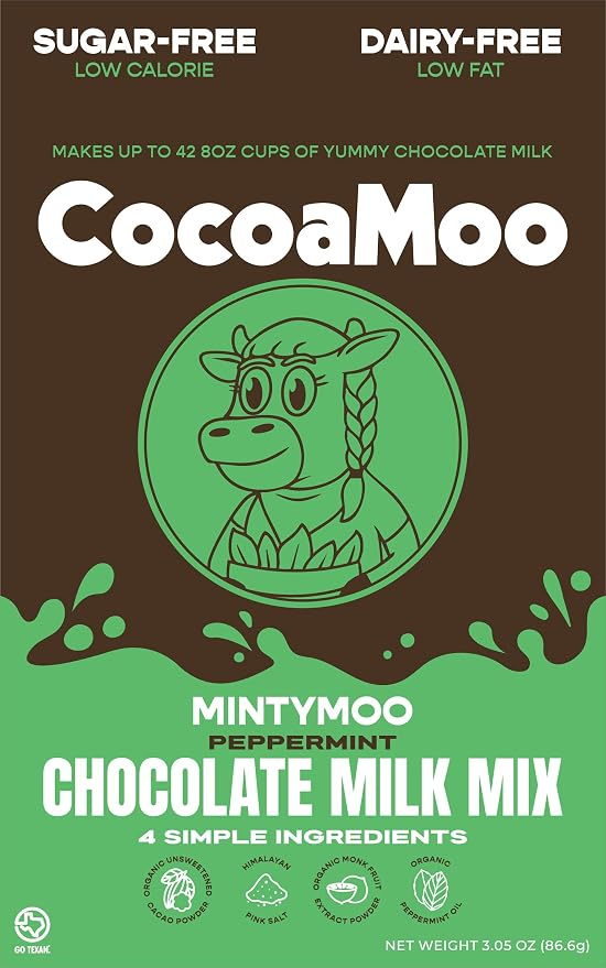 MintyMoo Sugar-Free, Dairy-Free Mint Chocolate Milk Mix, Organic Cacao Powder with Monk Fruit Extract, No Added Sugar, No Gums or Fillers, Easy to Blend Powder (by CocoaMoo)