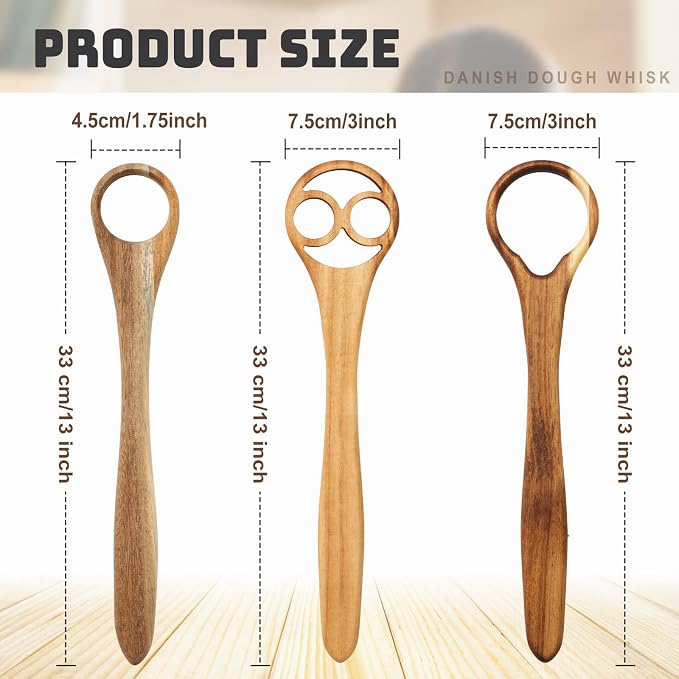 SiliFine Danish Dough Whisk Set of 3, 13" One-piece Acacia Wood Sourdough Whisk for Bread, Pizza, Batter & Starter, Cake Biscuits Flow-through Design, Handmade Bread Baking Gift