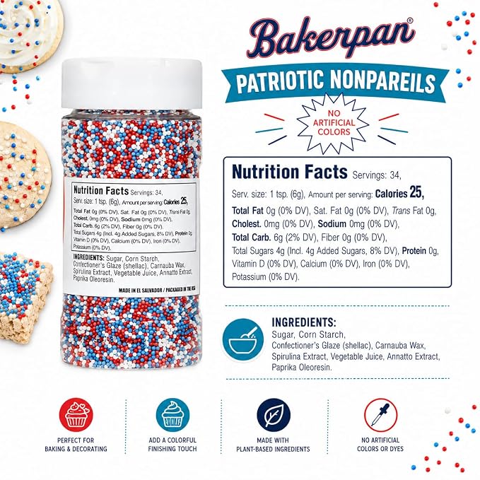 Bakerpan Artificial Dye-Free Patriotic Nonpareils Sprinkles 7.25 oz - Red White & Blue for 4th of July Cake Decorating, Cupcakes & Cookies | Kosher, Gluten-Free