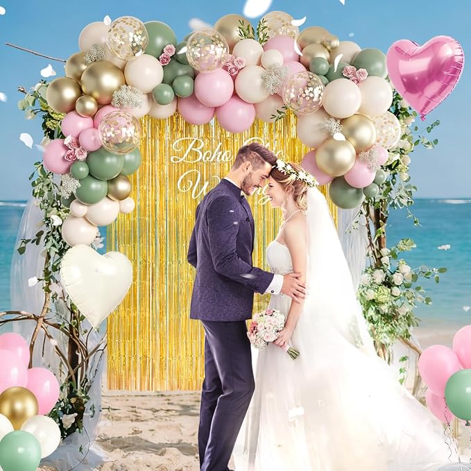 157Pcs Sage Green Pink White Gold Balloons Garland Arch Kit with Gold Fringe Curtain for Birthday Bridal Baby Shower Gender Reveal Weddings Graduation Party Decorations