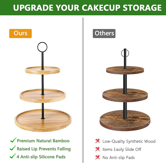 3 Tier Cupcake Stand, Cake Stand Tower, Dessert Table Display Set for Party | PUPOMIO Bamboo Dessert Stands, Wooden 3 Tier Serving Tray, Desert Table Display Set For Wedding/ Birthday/ Afternoon Tea