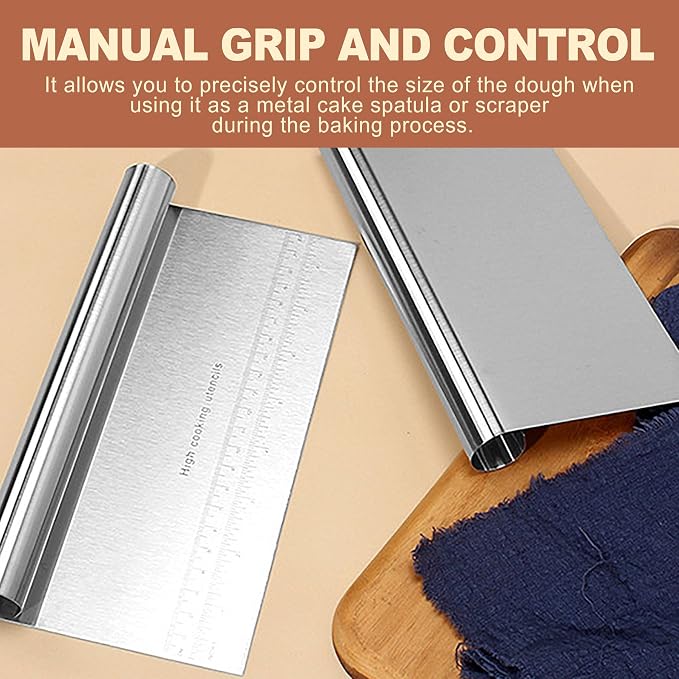 2 Pack Stainless Steel Dough Scraper Set Bench Scrapers with Measuring Marks for Bread Pizza Pastry Making Baking Supplies Kitchen Flour Cake Decorating Tools Gadgets