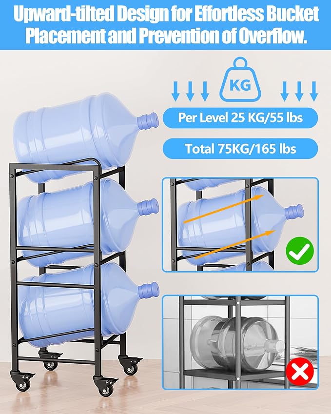 5 Gallon Water Jug Holder, Movable 3 Tier Heavy Duty Water Rack with 4 Wheels, Rack for Water Jug Storage, Space Saving Water Stand for Three 5 Gallon Water Jugs, Black