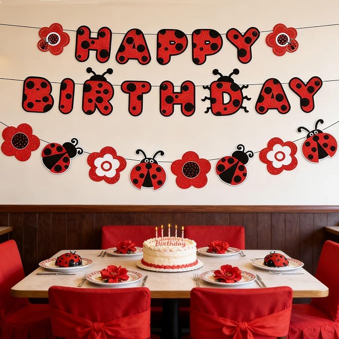 Zwiebeco Red Black Ladybug Happy Birthday Banner Bunting Hanging Paper Garland Party Decorations for Boys Girls Kids Baby Shower Insect Ladybird Themed Spring Garden Bday Decor Accessories Supplies