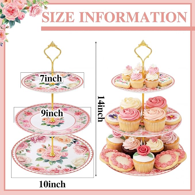 Lallisa Pink Floral Party 3 Tier Dessert Stand 10", 9" and 7" Ceramic Serving Tray Dessert Cupcake Display Holder Tower for Wedding Baby Bridal Shower Tea Party Decoration