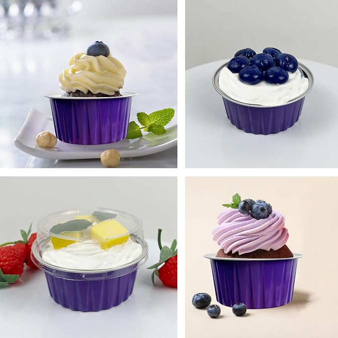 100Pcs Aluminum Cups with Lids,5oz Disposable Ramekin Baking Cups Muffin Liners Mini Pie Pans Foil Cupcake Containers for Christmas Party Wedding Party,Dark Purple