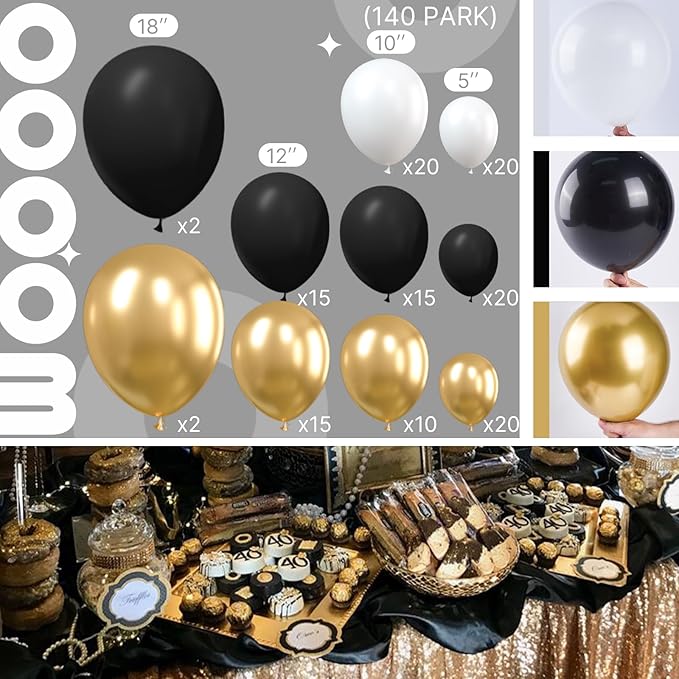 PartyWoo Black Gold and White Balloons, 140 pcs Black White and Metallic Gold Balloons Different Sizes Pack of 18 Inch 12 Inch 10 Inch 5 Inch for Balloon Garland or Arch as Birthday Party Decorations
