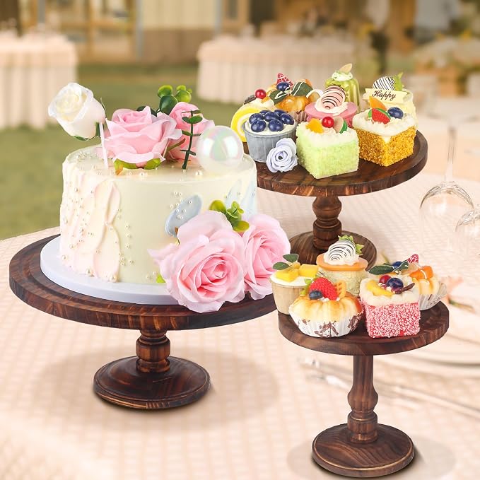 Wisreach Set of 3 Rustic Wooden Cake Stands — Farmhouse Cupcake Pedestal Display for Weddings, Birthdays, Desserts & Parties — Tiered Serving Trays for Cakes, Snacks & Decor