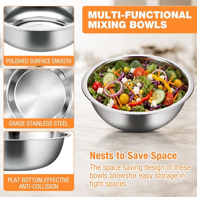 Domensi Stainless Steel Mixing Bowls Set - 4-Piece Polished Mirror Nesting Bowls 2 Pcs 8-Quart and 2 Pcs 16-Quart Flat Base Ideal for Kitchen, Cooking, Baking and Storage, Shallow