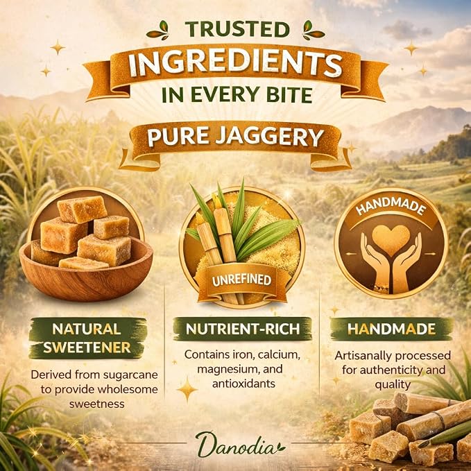 Danodia Foods Organic Jaggery Bites, Cane Gur Sweetener, 1 lb Pack | Jaggery gur pieces for chai, coffee, desserts and cooking; No Preservatives; traditional Indian cane sweetener; pantry use