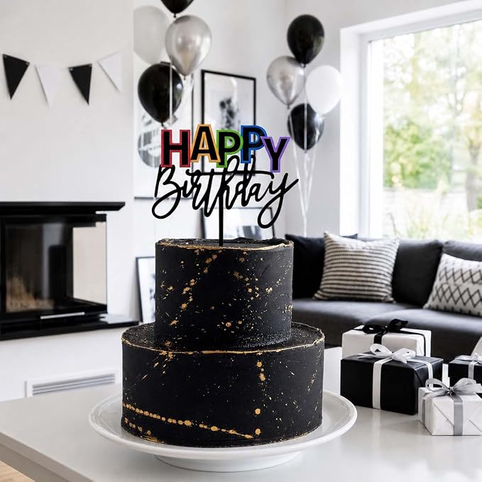 Acrylic Black Happy Birthday Cake Topper, 7.5" x 6" Rainbow Birthday Cake Decoration (Black)