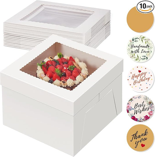 Kootek 10pcs Cake Boxes, 12x12x8 Inches Tall Cake Box with Window, White Bakery Boxes, Large Baking Boxes, Square Cardboard Cake Box for Multi-Layer Cakes, Cake Decorating Supplies for Gift Giving