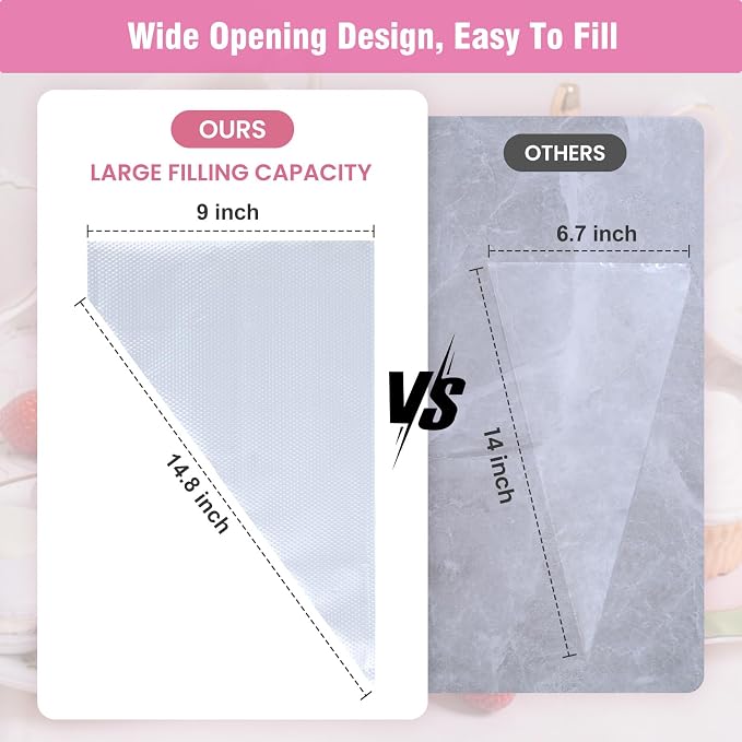 firstake Piping Bags Disposable 14 Inch - 100pcs Piping Bags Set, Anti-Burst Pastry Bags, Frosting Bags, Cake Decorating Bags with 5 Icing Bags Ties, 5 Clips, 3 Cake Scraper, 1 Scriber Needle