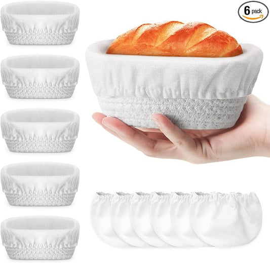 Honeydak 6 Pcs Cotton Rope Banneton Bread Proofing Basket Sets Round Sourdough Bowls with Two Liners for Artisan Sourdough Bread Making Handmade Kitchen Professionals(6.5",White)