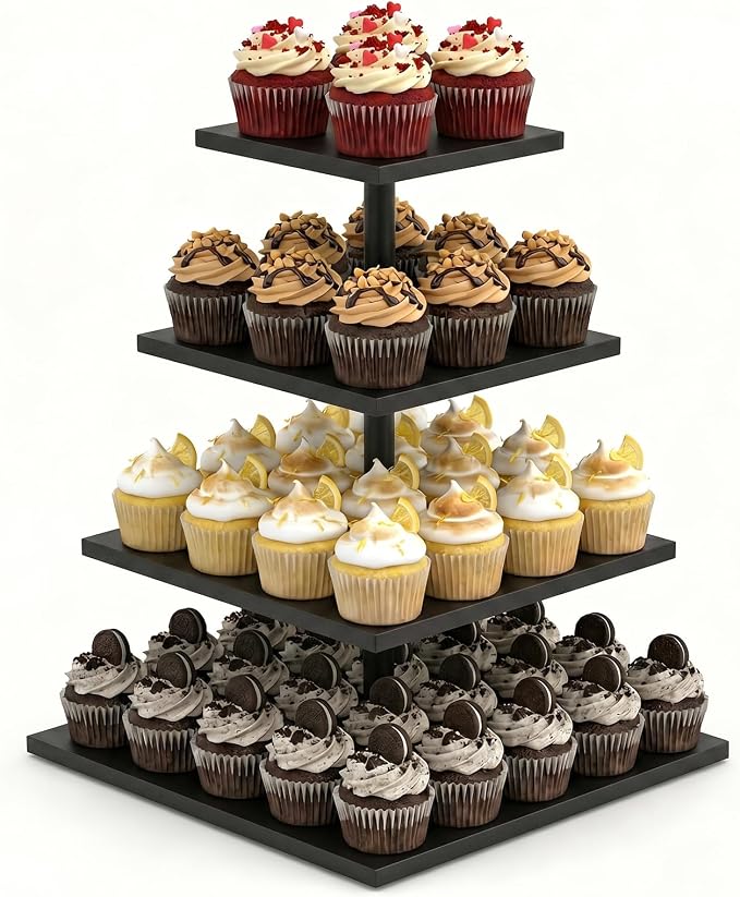 Wooden 4 Tier Cupcake Stand for 50 Cupcakes,Cupcake Holder,Cupcake Tower,Tiered Tray Stand for Birthday Bar Décor Weddings,Parties Events, Black