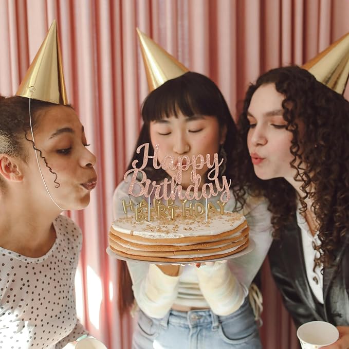 BEISHIDA Rose Gold Happy Birthday Cake Topper, Happy Birthday Cake Bunting Decor,Birthday Party Decoration Supplies，Photo Booth Props