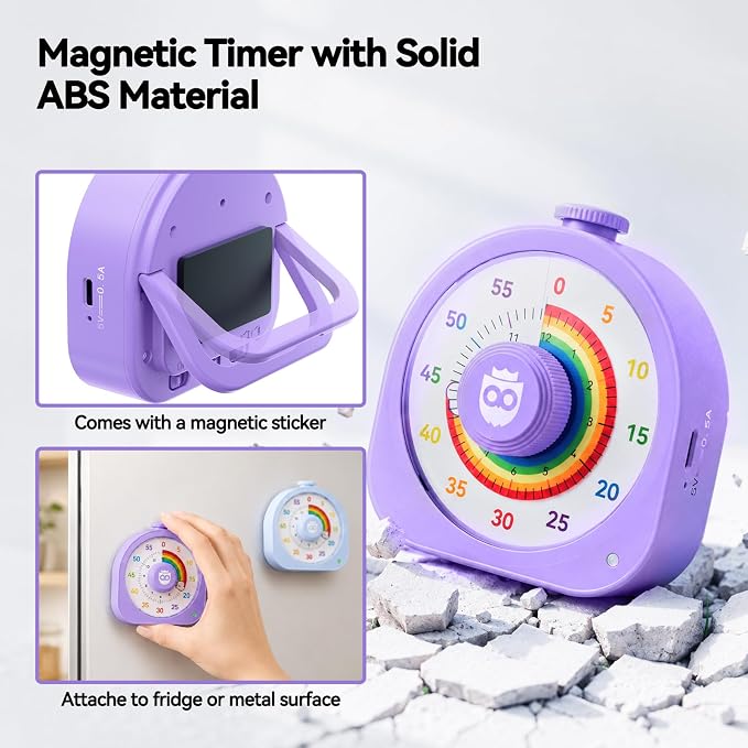 Visual Timer for Kids and Adults 60 Min/12 Hour Rechargeable Countdown Timer with Magnetic Sticker and Mute Function Kids Pomodoro Timers for Classroom Office Kitchen Silent Operation & Rainbow Disk