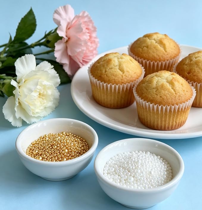 HeDeon&Rles Edible White Gold Preals Sprinkles for Baking 4 Size（2mm 4mm 7mm 10mm）White Gold Sprinkles for Cake Cupcake Pancake Icing Decoration Karneval St. Patrick Easter Halloween Supplies