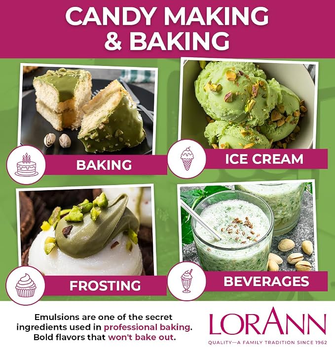 Lorann Oils Pistachio Bakery Emulsion: Genuine Pistachio Aroma, Perfect for Boosting Nutty Notes in Baked Goods, Gluten-Free, Keto-Friendly, Pistachio Extract Substitute Essential for Your Kitchen