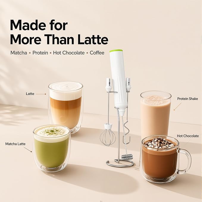 Milk Frother Handheld with 3 Stainless Steel Whisks, Rechargeable Electric Drink Mixer with Stand & Travel Case, Milk Foamer for Coffee, Latte, Cappuccino, Hot Chocolate, Egg,Jam Supplement-White