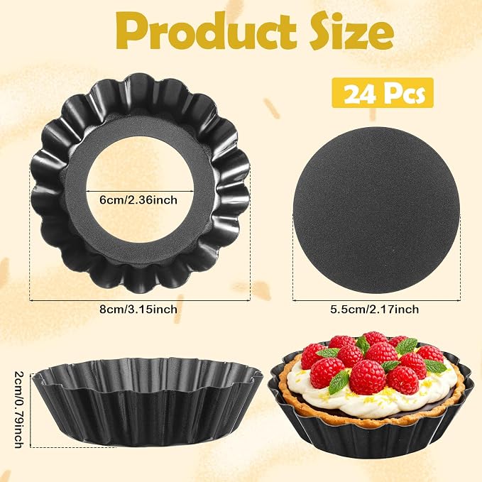 24 Pcs Mini Tart Pans with Removable Bottom, 3 Inch Round Nonstick Quiche Pan, Sturdy Carbon Steel Tart Molds for Baking Bakeware Mold Fluted Side for Tartlets Shells Desert Making